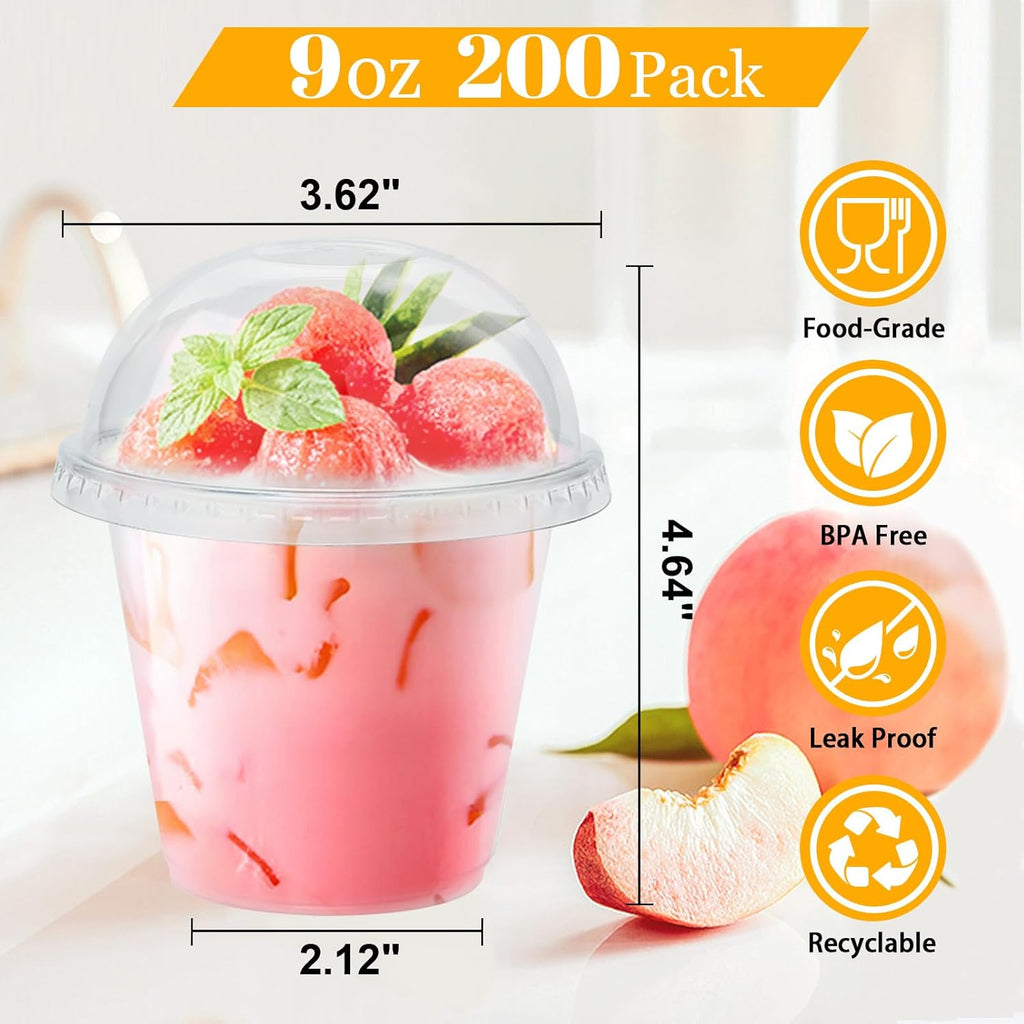 Lamosi 50/200 Pack 9oz Clear Plastic Cups with Dome Lids, Disposable Dessert Cups with Lids, Dessert Cups for Pudding