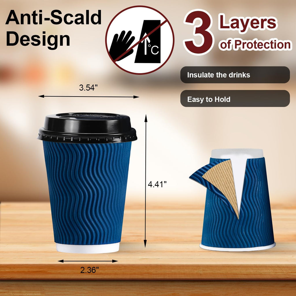 Lamosi 12 oz Paper Cups with Lids,Disposable Insulated to Go Cups,Ripple Double Wall,Grey 100 Count