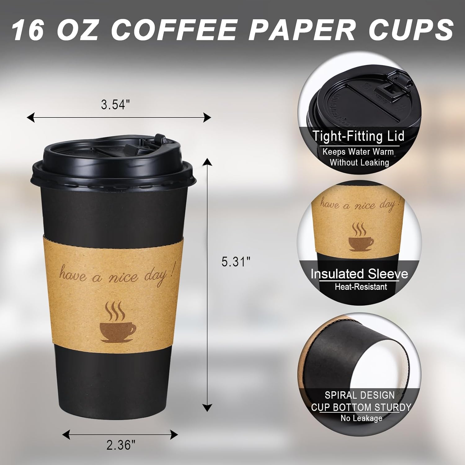 Lamosi Disposable Paper Cups with Lids 12/16 oz, To Go Hot Cups, Sleeve, Black 100 /500 Count Insulated