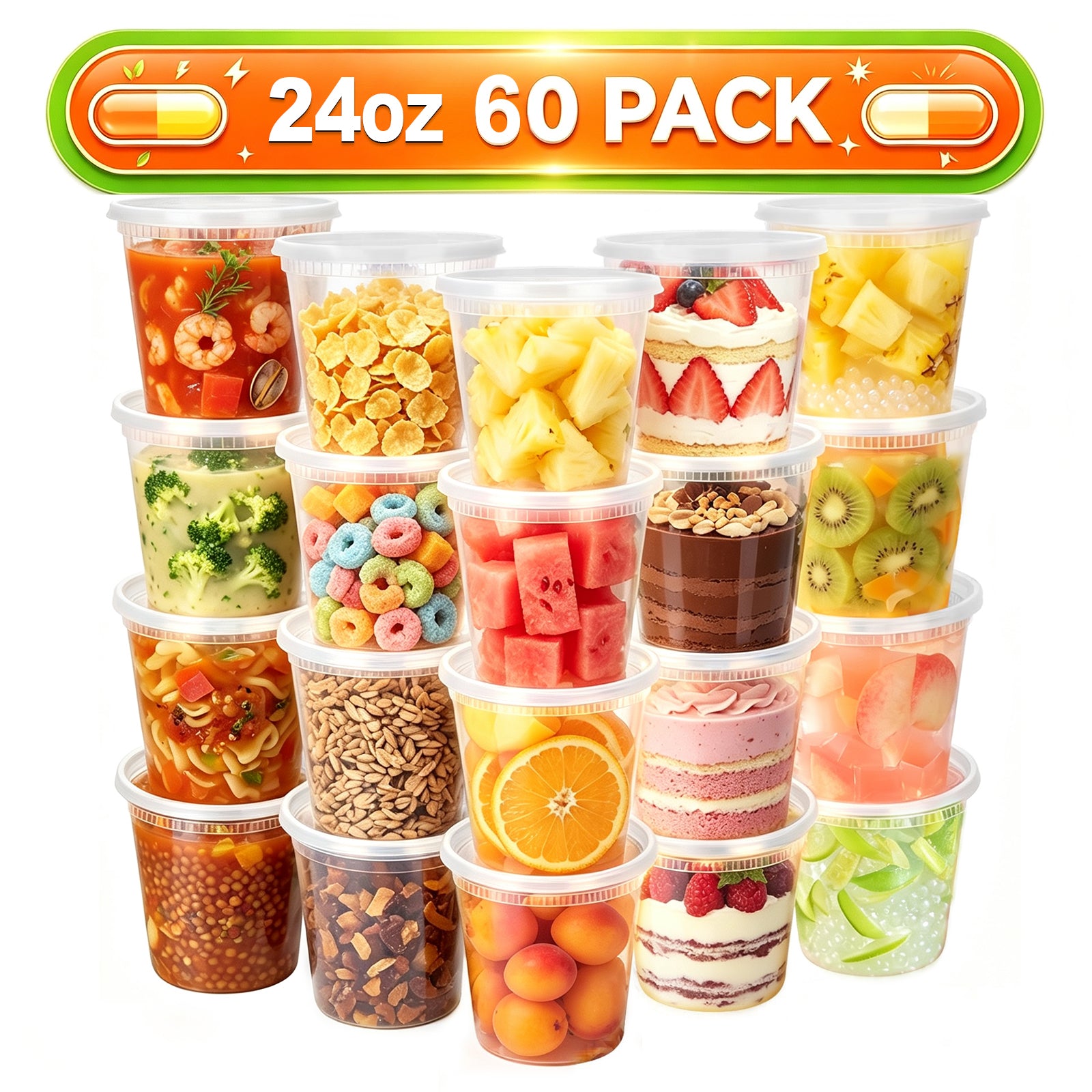 Lamosi 60 Sets 8/16/24/32 oz Plastic Deli Food Containers With Lids, Leak-Proof & BPA Free Airtight Stackable Takeout Plastic Food Storage Containers