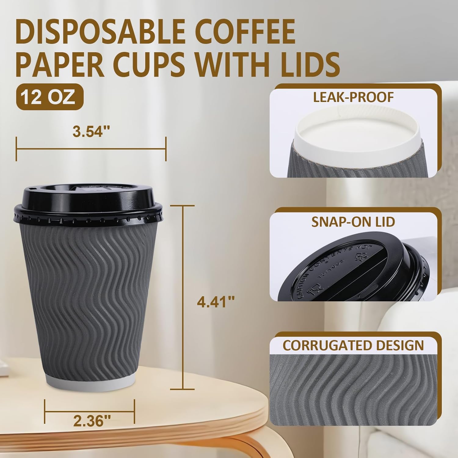 Lamosi 12 oz Paper Cups with Lids,Disposable Insulated to Go Cups,Ripple Double Wall,Grey 100 Count
