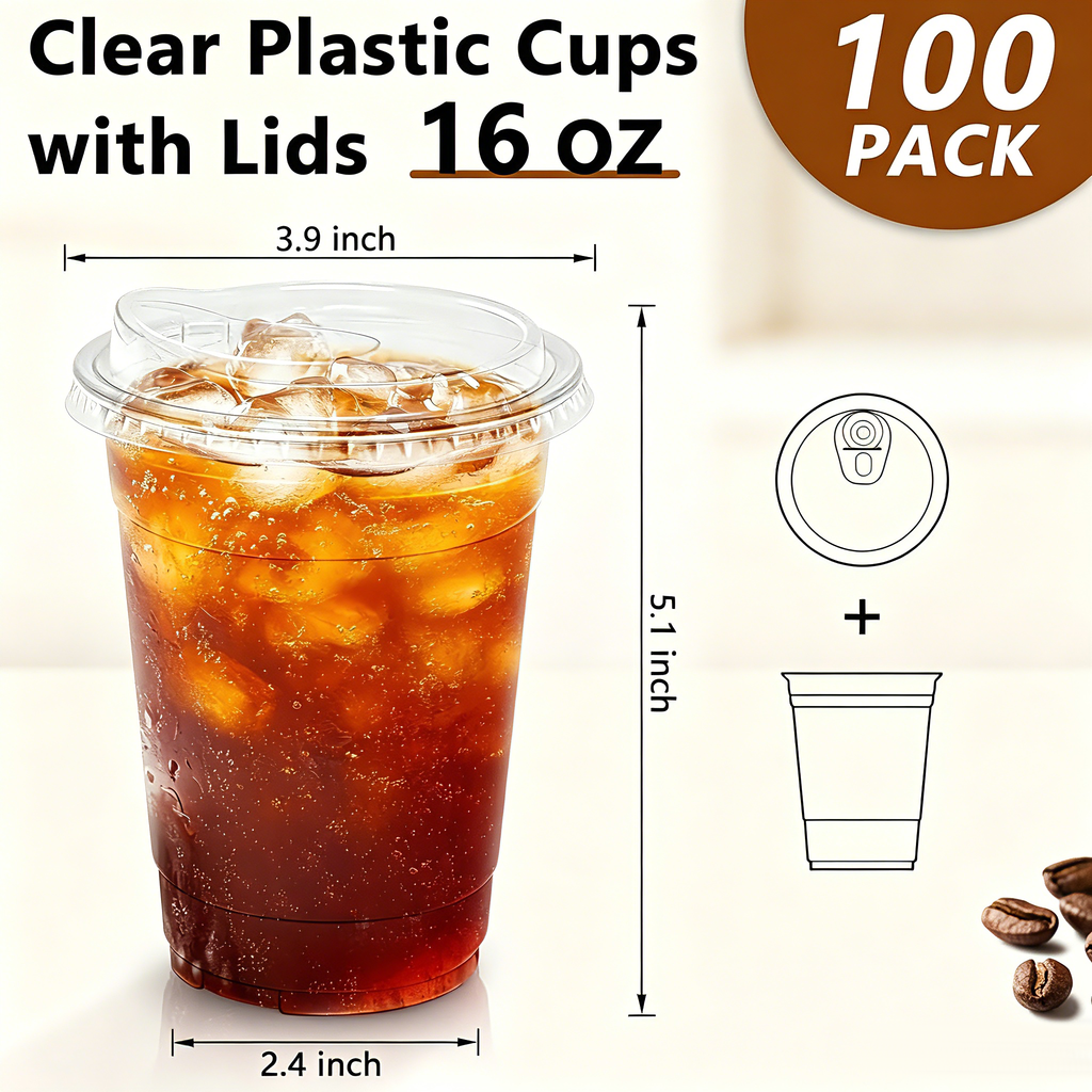 Lamosi 16/20/24oz Plastic Cups with Lids Disposable Clear Smooth Cups, 100 Count