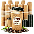Lamosi Disposable Paper Cups with Lids 16 oz,Insulated to Go Cup,Ripple Double Wall,Brown 100 Count