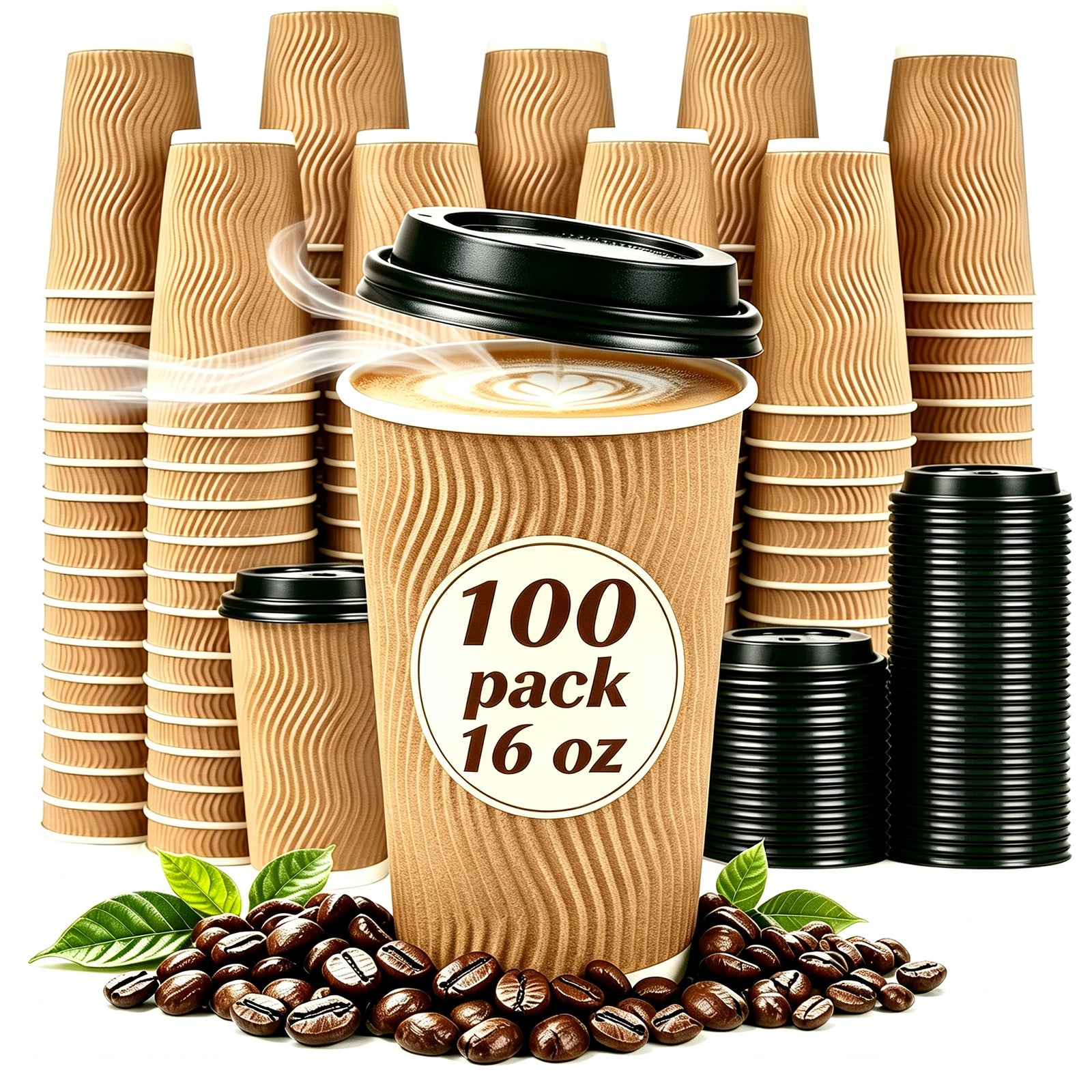 Lamosi Disposable Paper Cups with Lids 16 oz,Insulated to Go Cup,Ripple Double Wall,Brown 100 Count