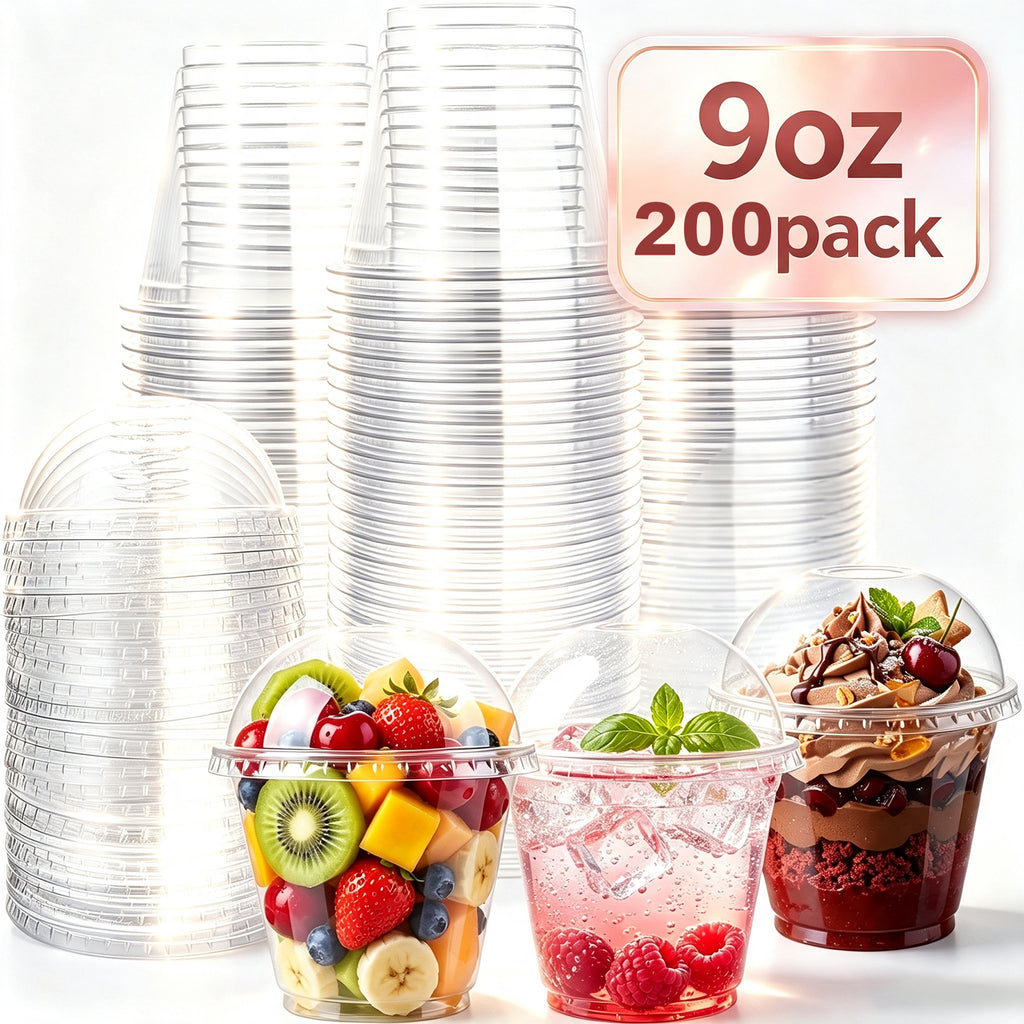 Lamosi 50/200 Pack 9oz Clear Plastic Cups with Dome Lids, Disposable Dessert Cups with Lids, Dessert Cups for Pudding