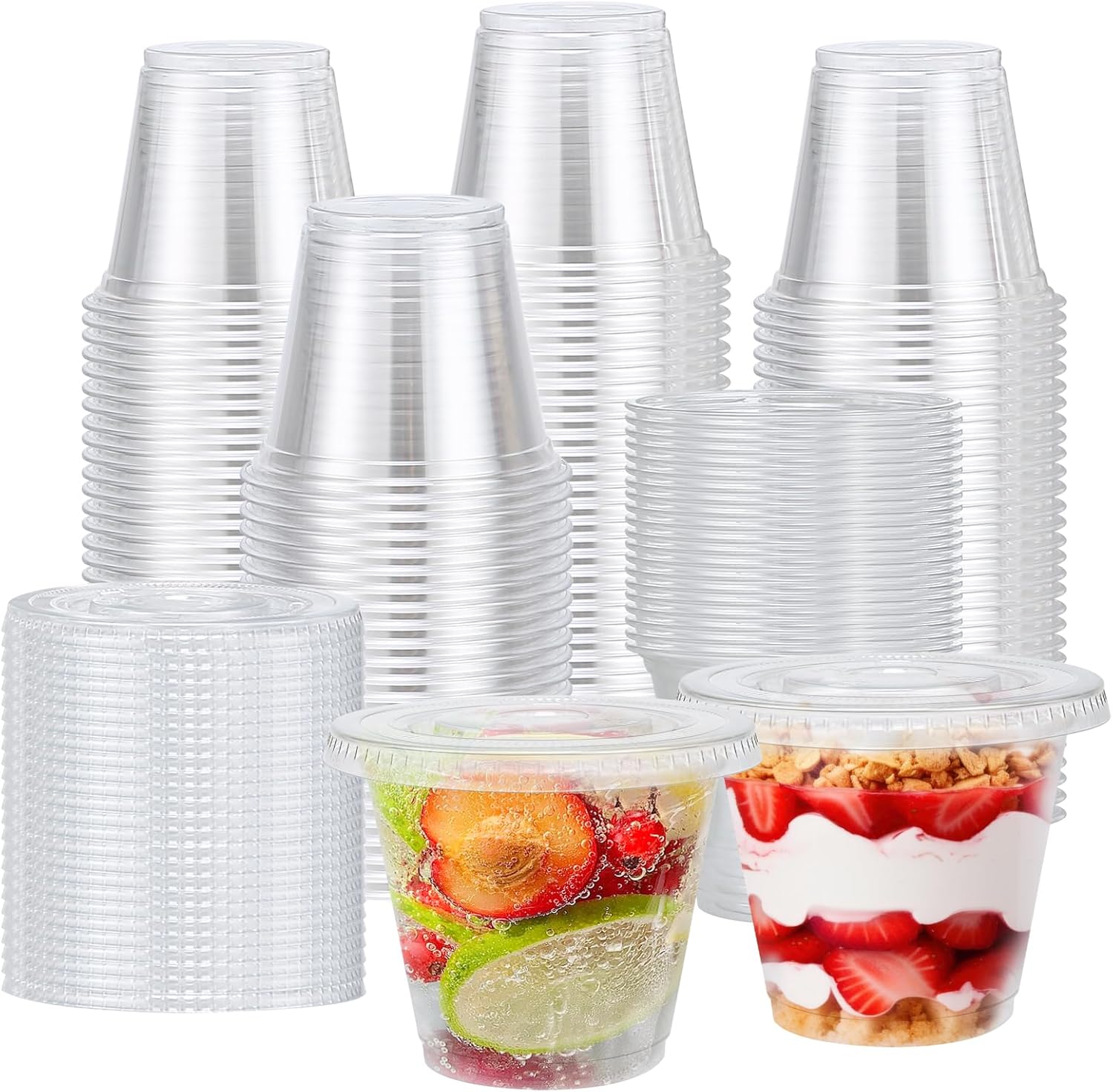 Lamosi 50/200 Pack 9oz Clear Plastic Cups with Dome Lids, Disposable Dessert Cups with Lids, Dessert Cups for Pudding