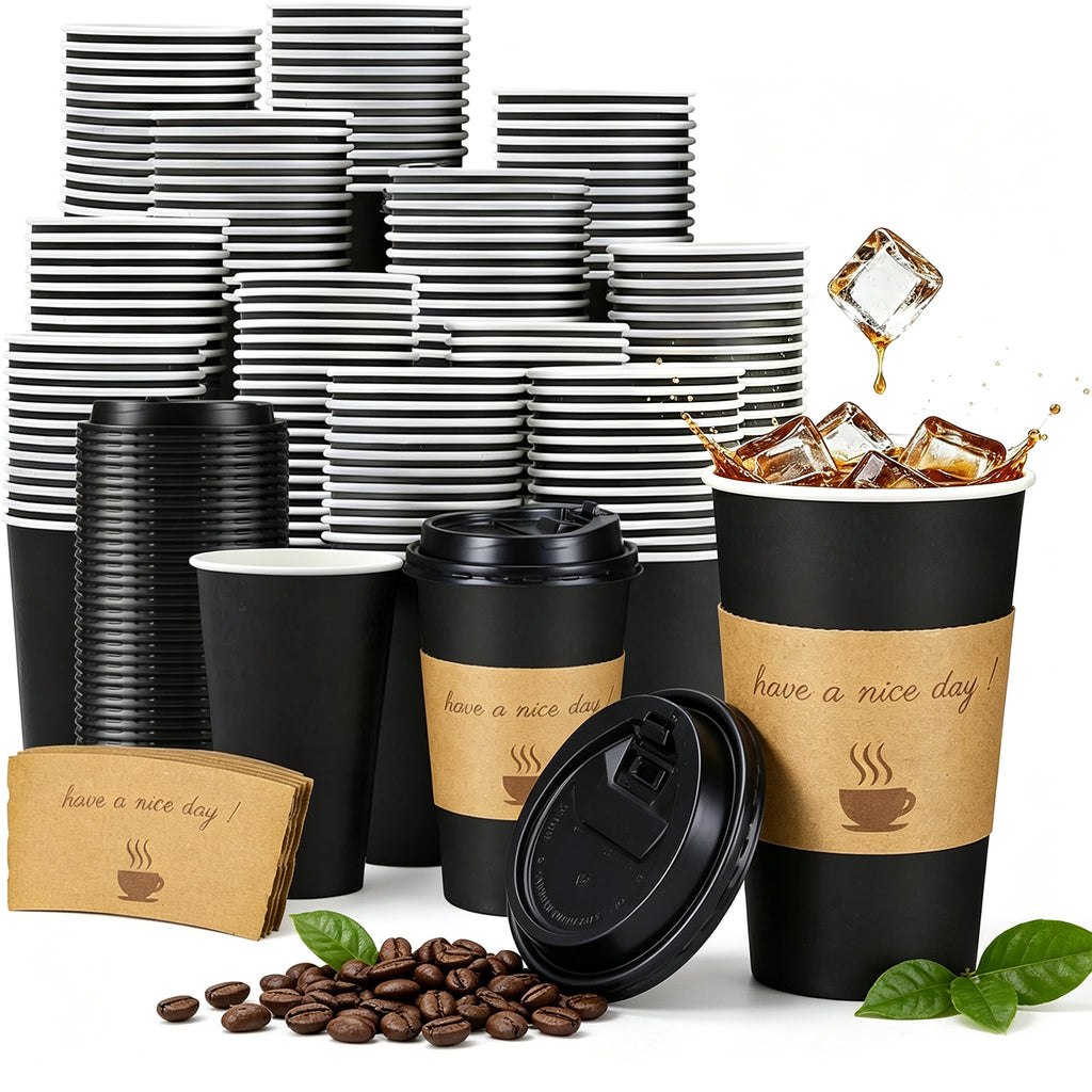Lamosi Disposable Paper Cups with Lids 12/16 oz, To Go Hot Cups, Sleeve, Black 100 /500 Count Insulated