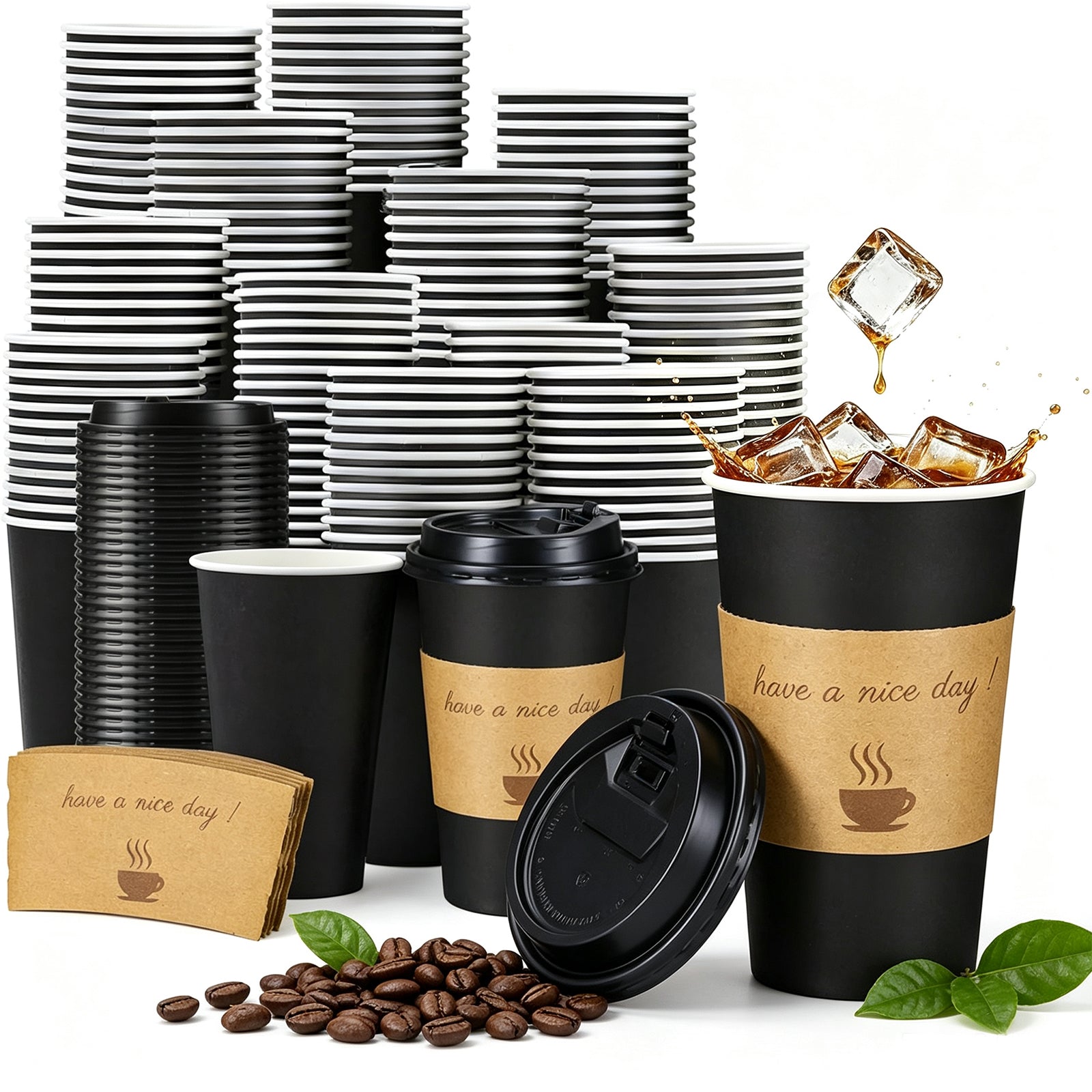 Lamosi Disposable Paper Cups with Lids 12/16 oz, To Go Hot Cups, Sleeve, Black 100 /500 Count Insulated