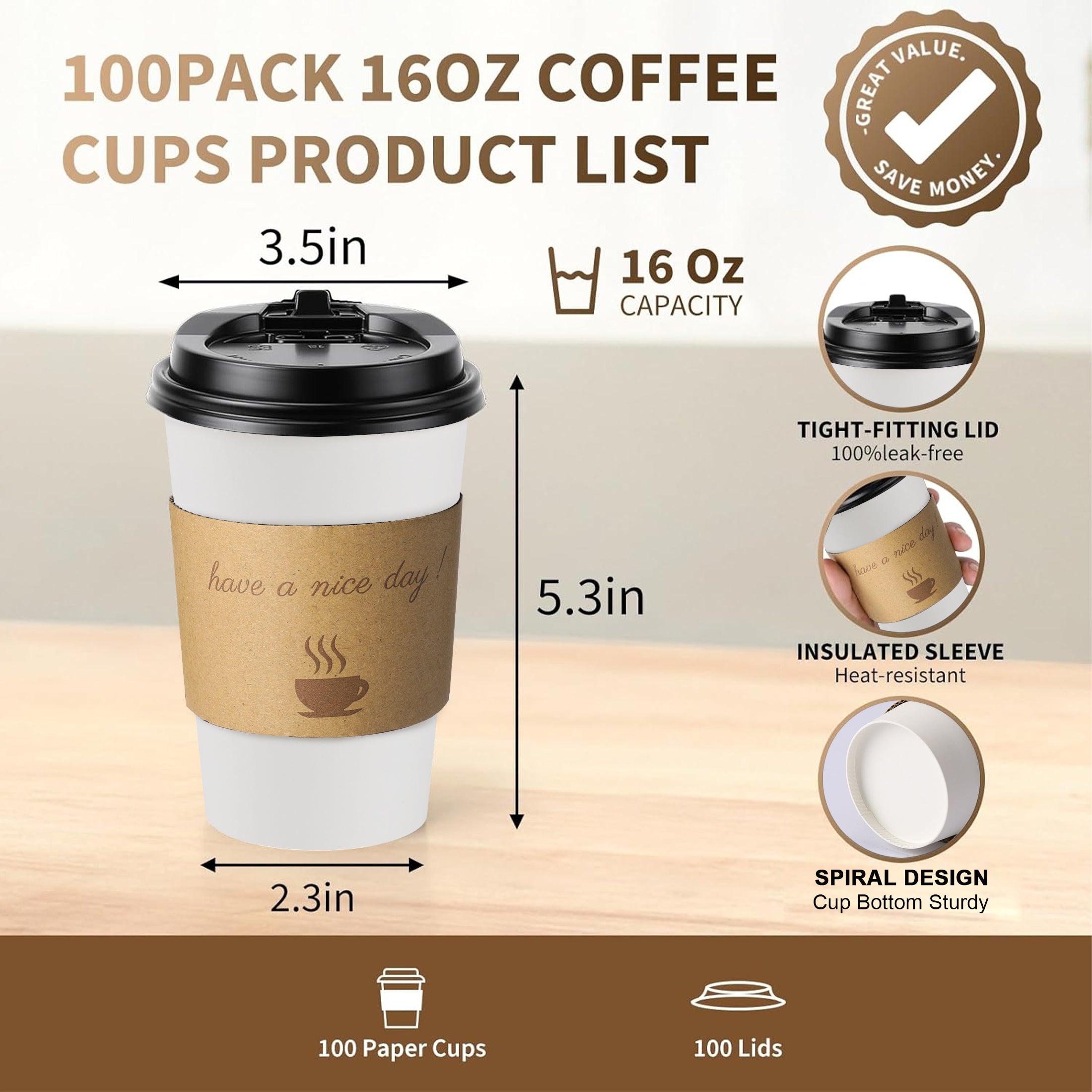 Lamosi 12/16oz Disposable Coffee Cups with Lids and Sleeves, Leak-free Insulated to Go Paper Hot Cups, 100 Count
