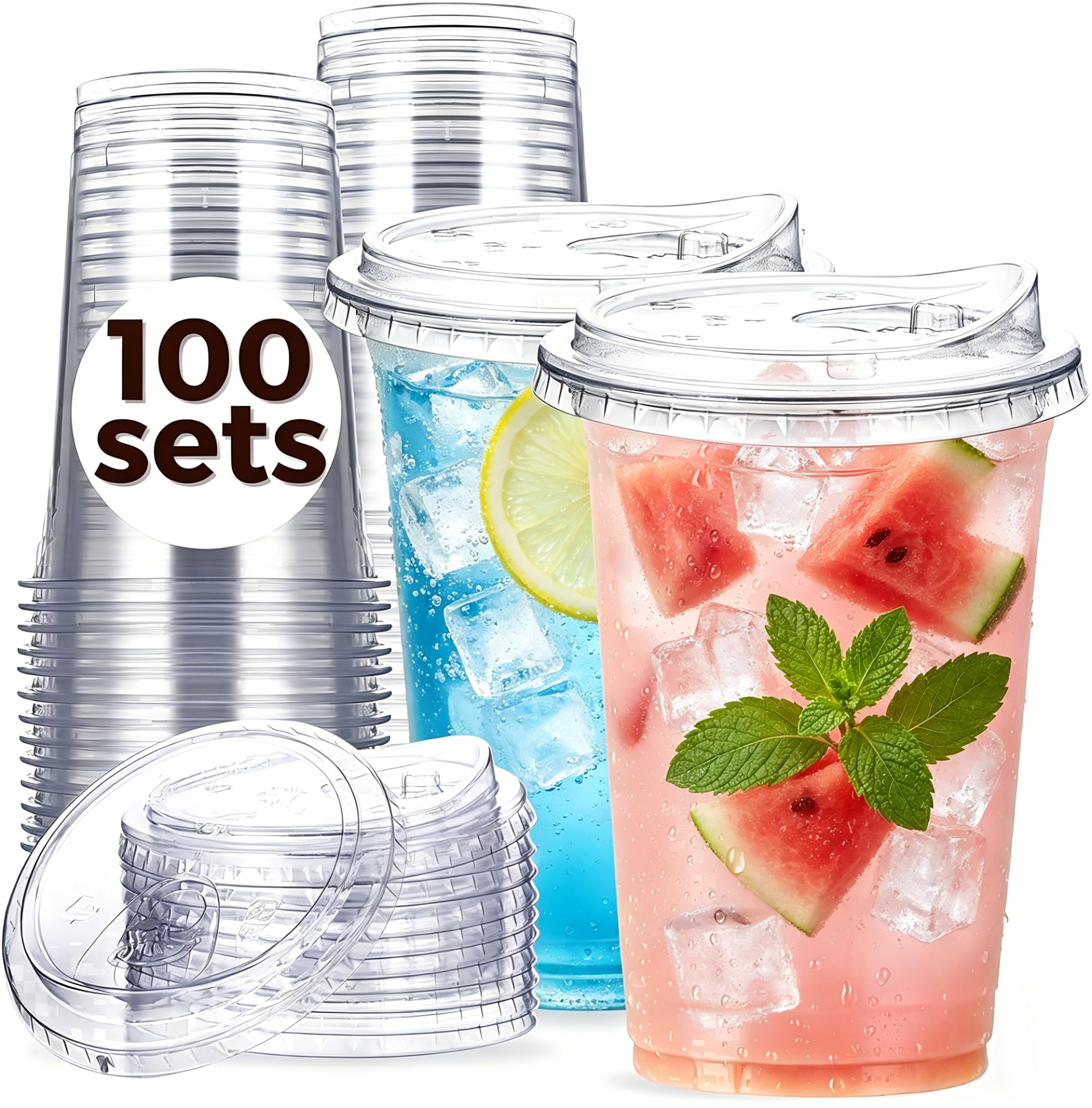 Lamosi 16/20/24oz Plastic Cups with Lids Disposable Clear Smooth Cups, 100 Count