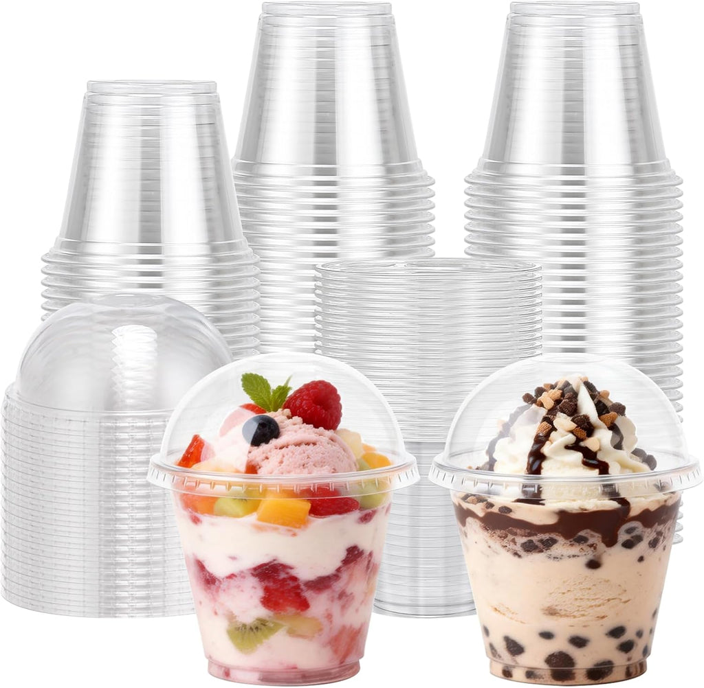 Lamosi 50/200 Pack 9oz Clear Plastic Cups with Dome Lids, Disposable Dessert Cups with Lids, Dessert Cups for Pudding