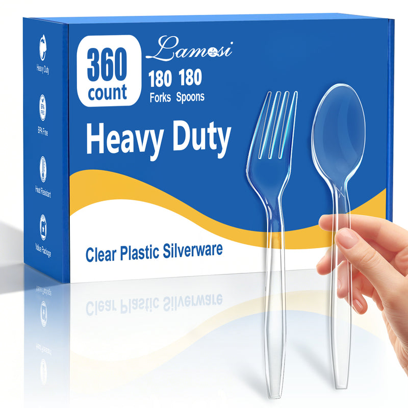 Lamosi 360 Count Clear Plastic Forks and Spoons, 180 Forks, 180 Spoons, Disposable Plastic Silverware BPA-Free, Heat Resistant for Wedding Party Supplies