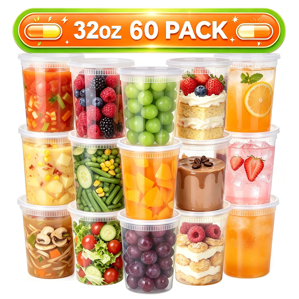 Lamosi 60 Sets 8/16/24/32 oz Plastic Deli Food Containers With Lids, Leak-Proof & BPA Free Airtight Stackable Takeout Plastic Food Storage Containers
