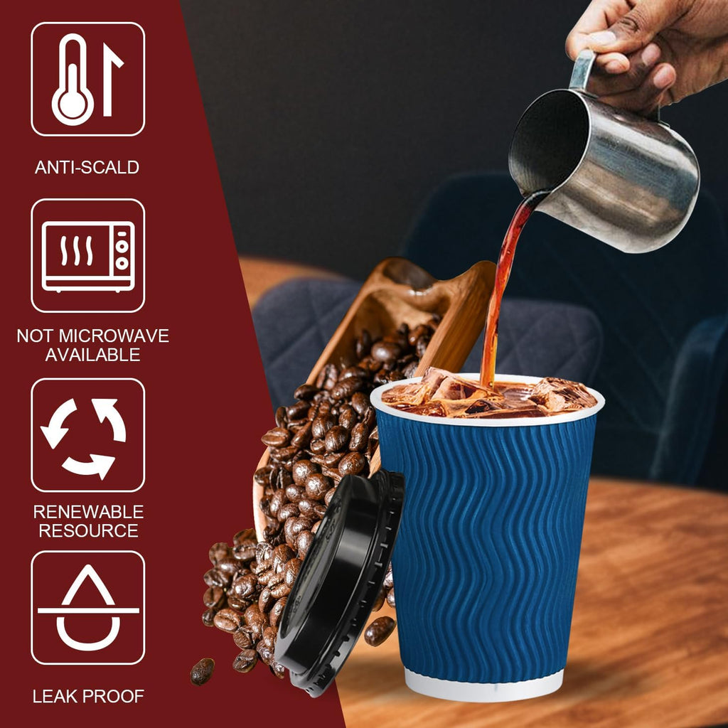 Lamosi 12 oz Paper Cups with Lids,Disposable Insulated to Go Cups,Ripple Double Wall,Grey 100 Count