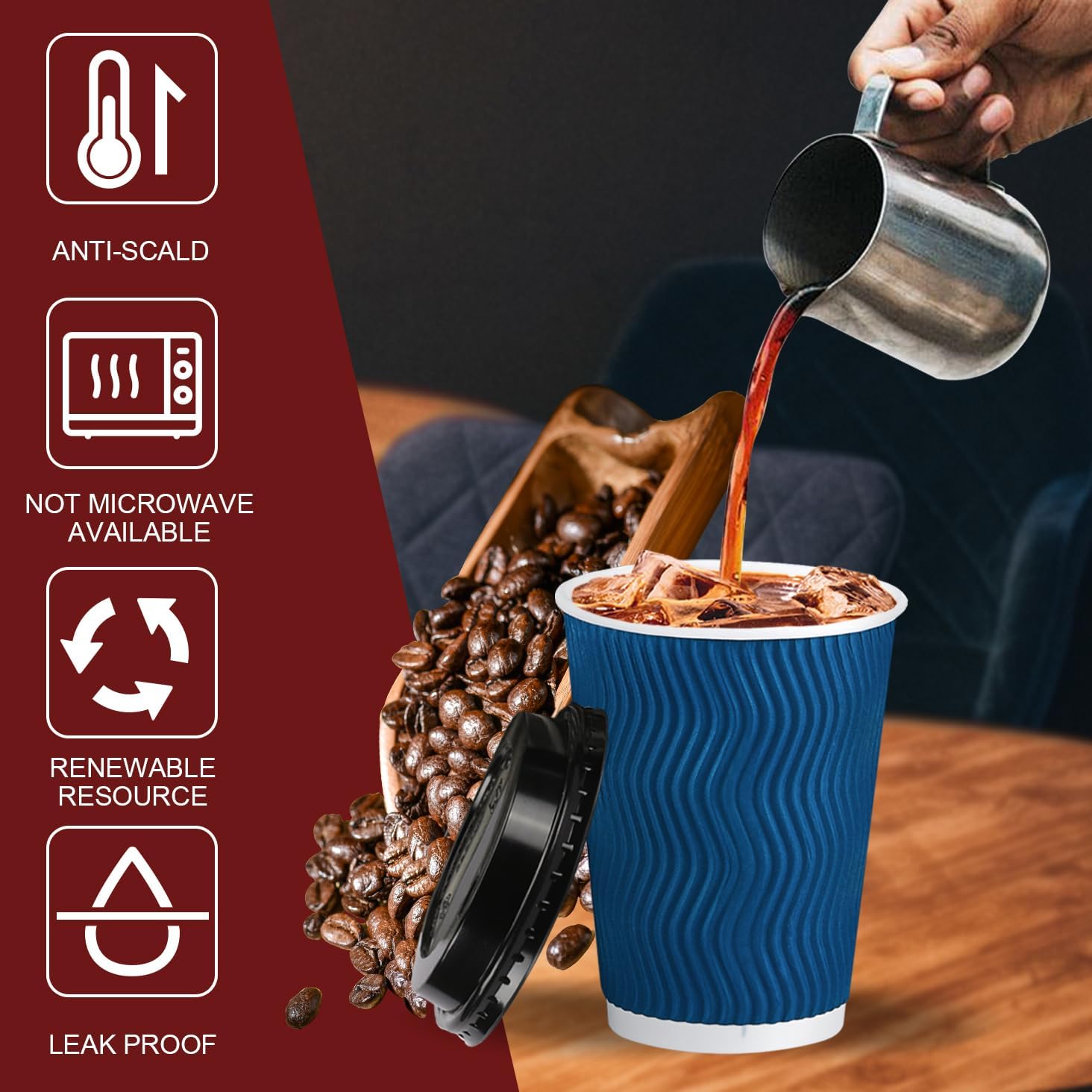 Lamosi 12 oz Paper Cups with Lids,Disposable Insulated to Go Cups,Ripple Double Wall,Grey 100 Count