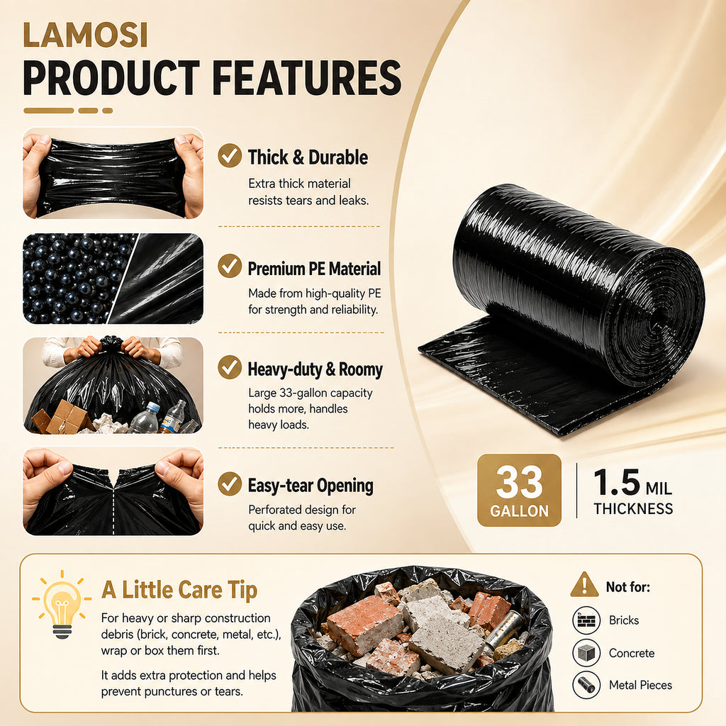 Lamosi 30-33 Gallon Trash Bags (50/100 Count), 32" x 39" Black Garbage Bags, Outdoor Garbage Can Liners