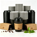 Lamosi Disposable Paper Cups with Lids 12/16 oz, To Go Hot Cups, Sleeve, Black 100 /500 Count Insulated