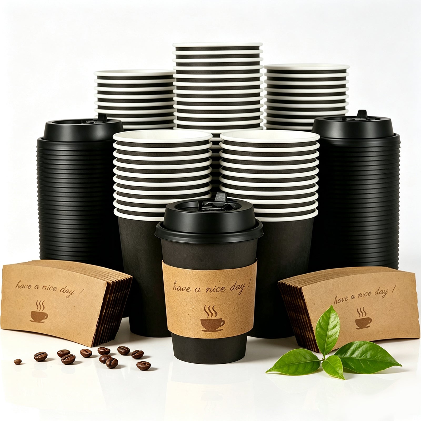 Lamosi Disposable Paper Cups with Lids 12/16 oz, To Go Hot Cups, Sleeve, Black 100 /500 Count Insulated