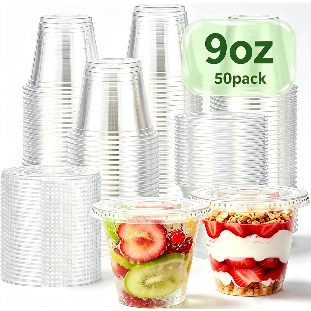 Lamosi 50/200 Pack 9oz Clear Plastic Cups with Dome Lids, Disposable Dessert Cups with Lids, Dessert Cups for Pudding