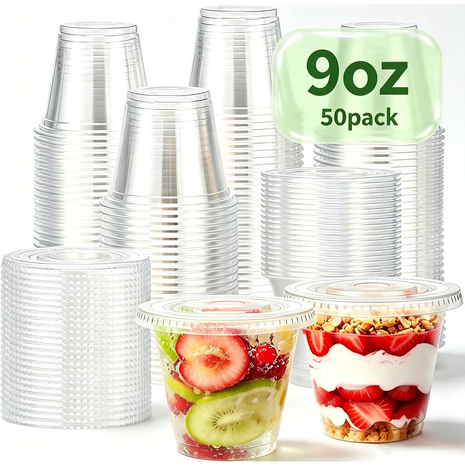 Lamosi 50/200 Pack 9oz Clear Plastic Cups with Dome Lids, Disposable Dessert Cups with Lids, Dessert Cups for Pudding