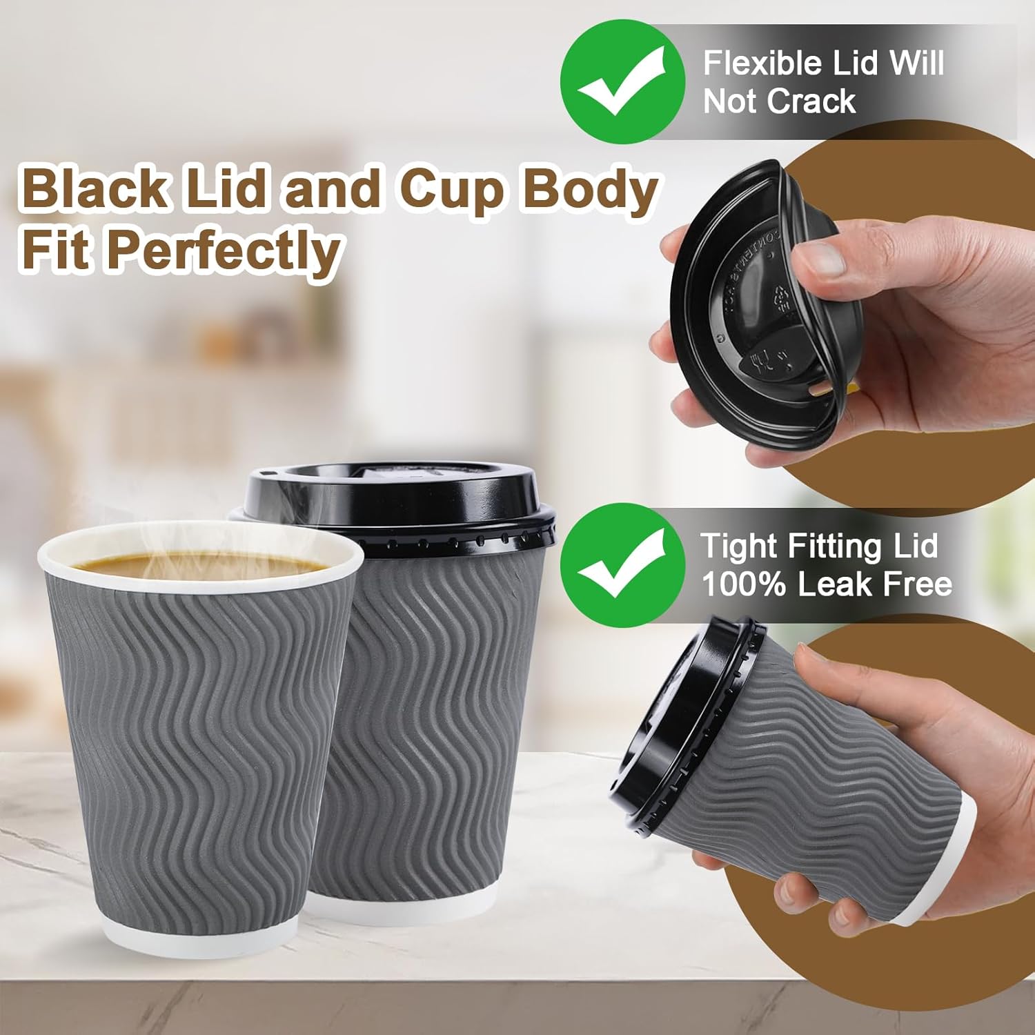 Lamosi 12 oz Paper Cups with Lids,Disposable Insulated to Go Cups,Ripple Double Wall,Grey 100 Count