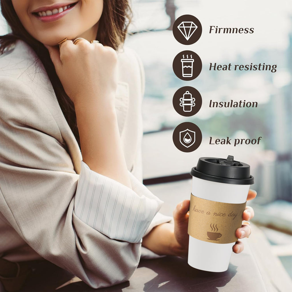 Lamosi 12/16oz Disposable Coffee Cups with Lids and Sleeves, Leak-free Insulated to Go Paper Hot Cups, 100 Count