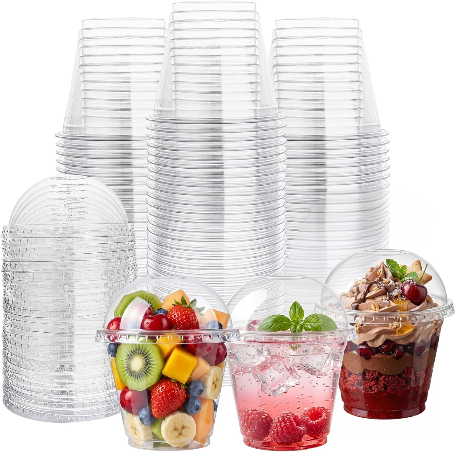 Lamosi 50/200 Pack 9oz Clear Plastic Cups with Dome Lids, Disposable Dessert Cups with Lids, Dessert Cups for Pudding