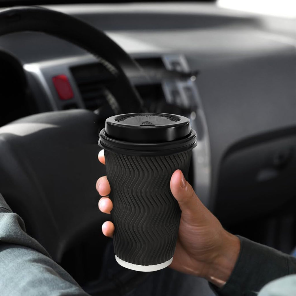Lamosi Disposable Paper Cups with Lids 16 oz,Insulated to Go Cup,Ripple Double Wall,Brown 100 Count
