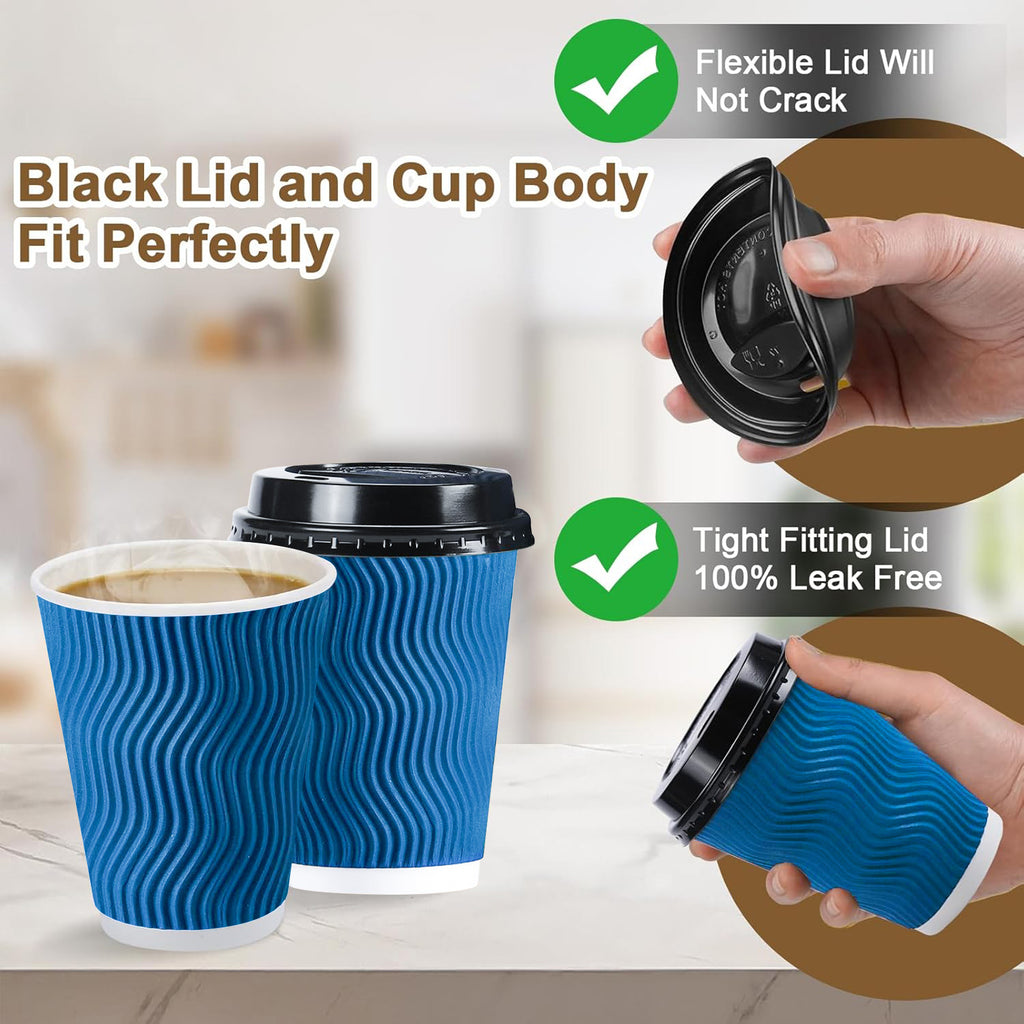 Lamosi 12 oz Paper Cups with Lids,Disposable Insulated to Go Cups,Ripple Double Wall,Grey 100 Count