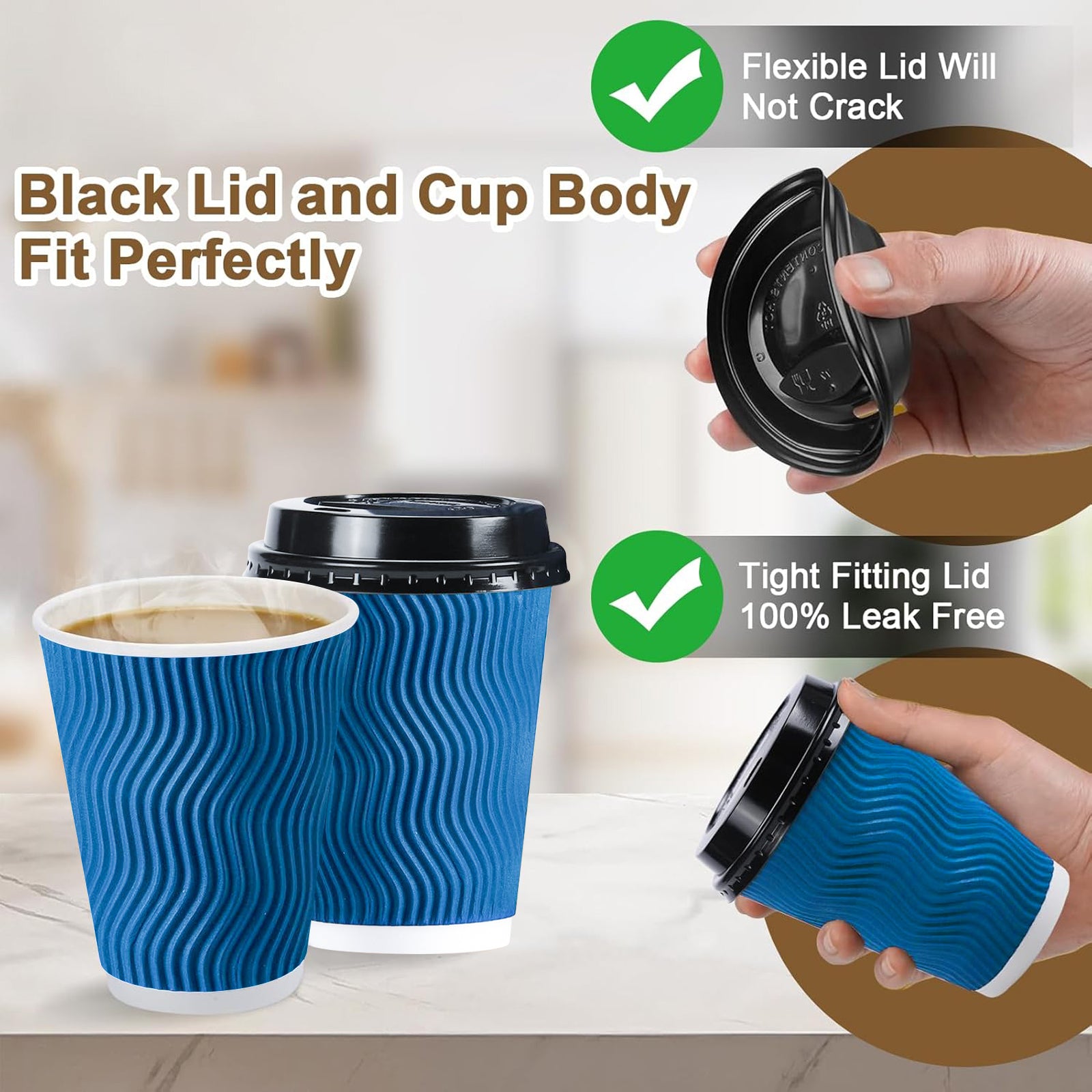 Lamosi 12 oz Paper Cups with Lids,Disposable Insulated to Go Cups,Ripple Double Wall,Grey 100 Count