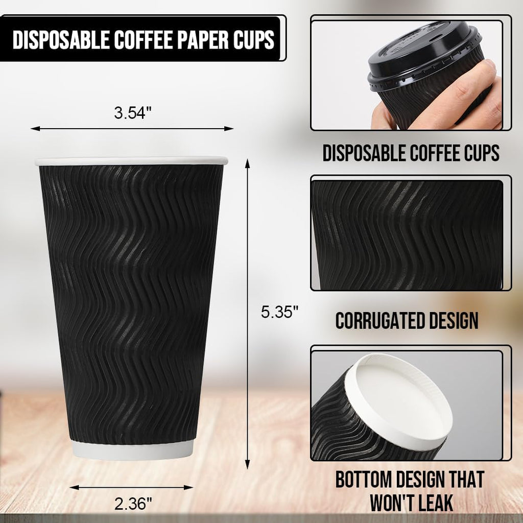 Lamosi Disposable Paper Cups with Lids 16 oz,Insulated to Go Cup,Ripple Double Wall,Brown 100 Count