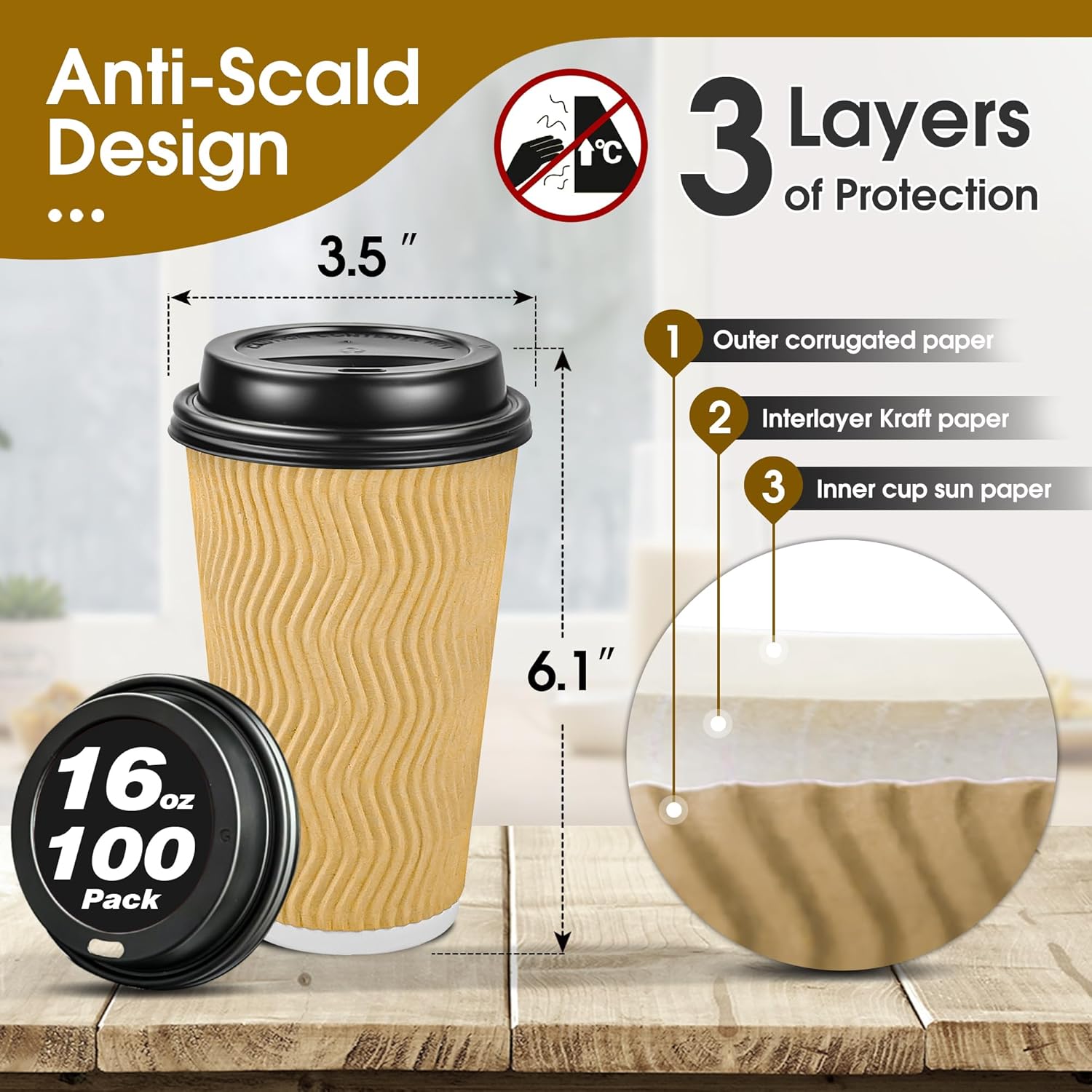 Lamosi Disposable Paper Cups with Lids 16 oz,Insulated to Go Cup,Ripple Double Wall,Brown 100 Count