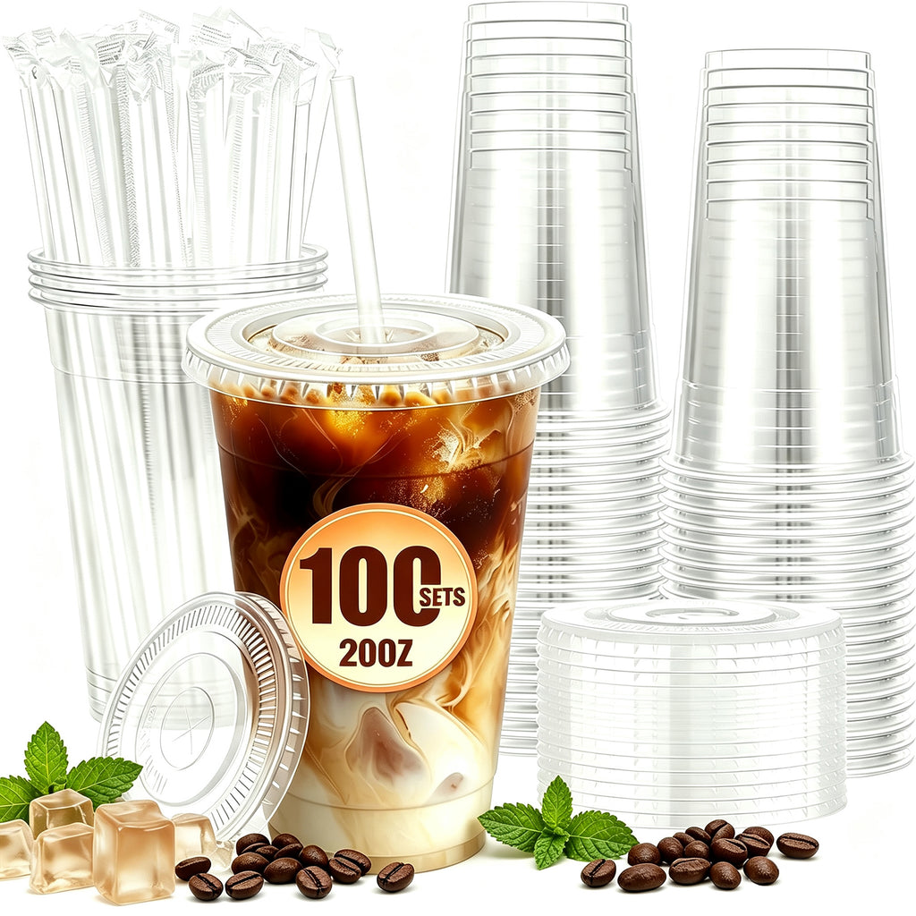 Lamosi 100 Pack 16 /20/24 oz Clear Plastic Cups with Lids and Straws, Disposable Plastic Coffee Cups with Lids for Iced Coffee, PET Food-Grade Material