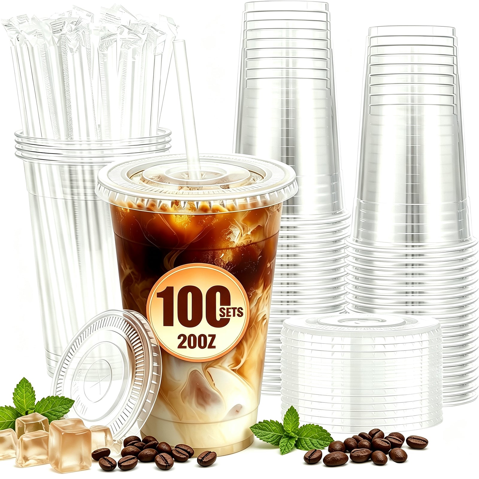 Lamosi 100 Pack 16 /20/24 oz Clear Plastic Cups with Lids and Straws, Disposable Plastic Coffee Cups with Lids for Iced Coffee, PET Food-Grade Material