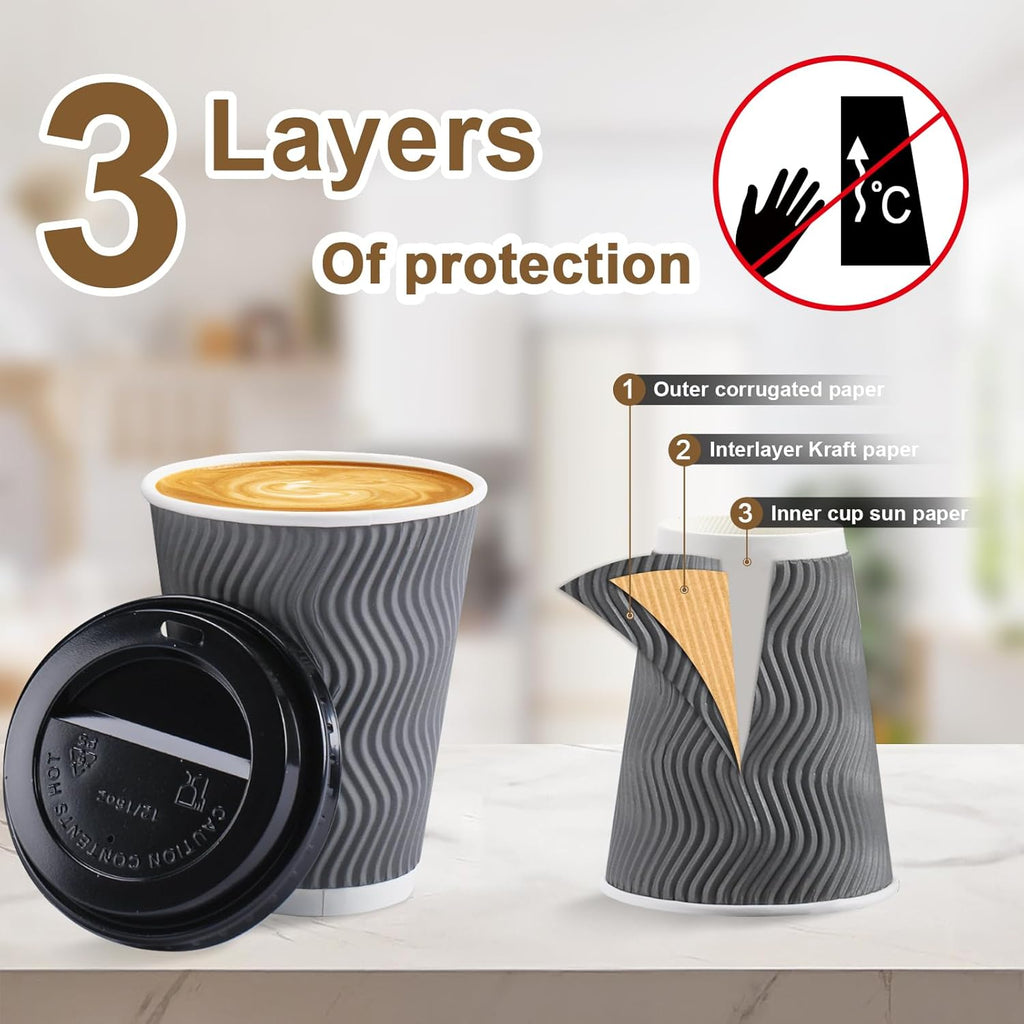 Lamosi 12 oz Paper Cups with Lids,Disposable Insulated to Go Cups,Ripple Double Wall,Grey 100 Count