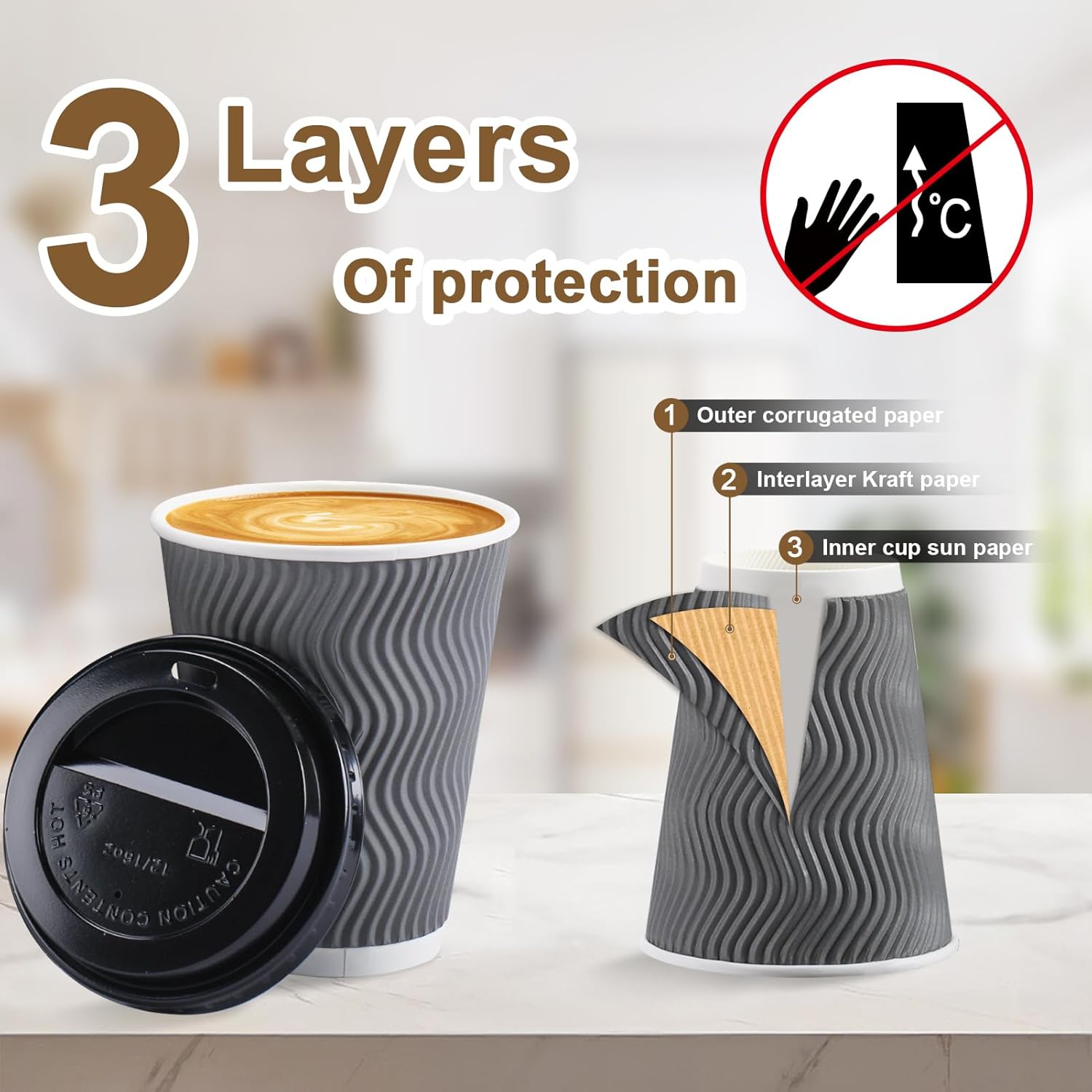 Lamosi 12 oz Paper Cups with Lids,Disposable Insulated to Go Cups,Ripple Double Wall,Grey 100 Count