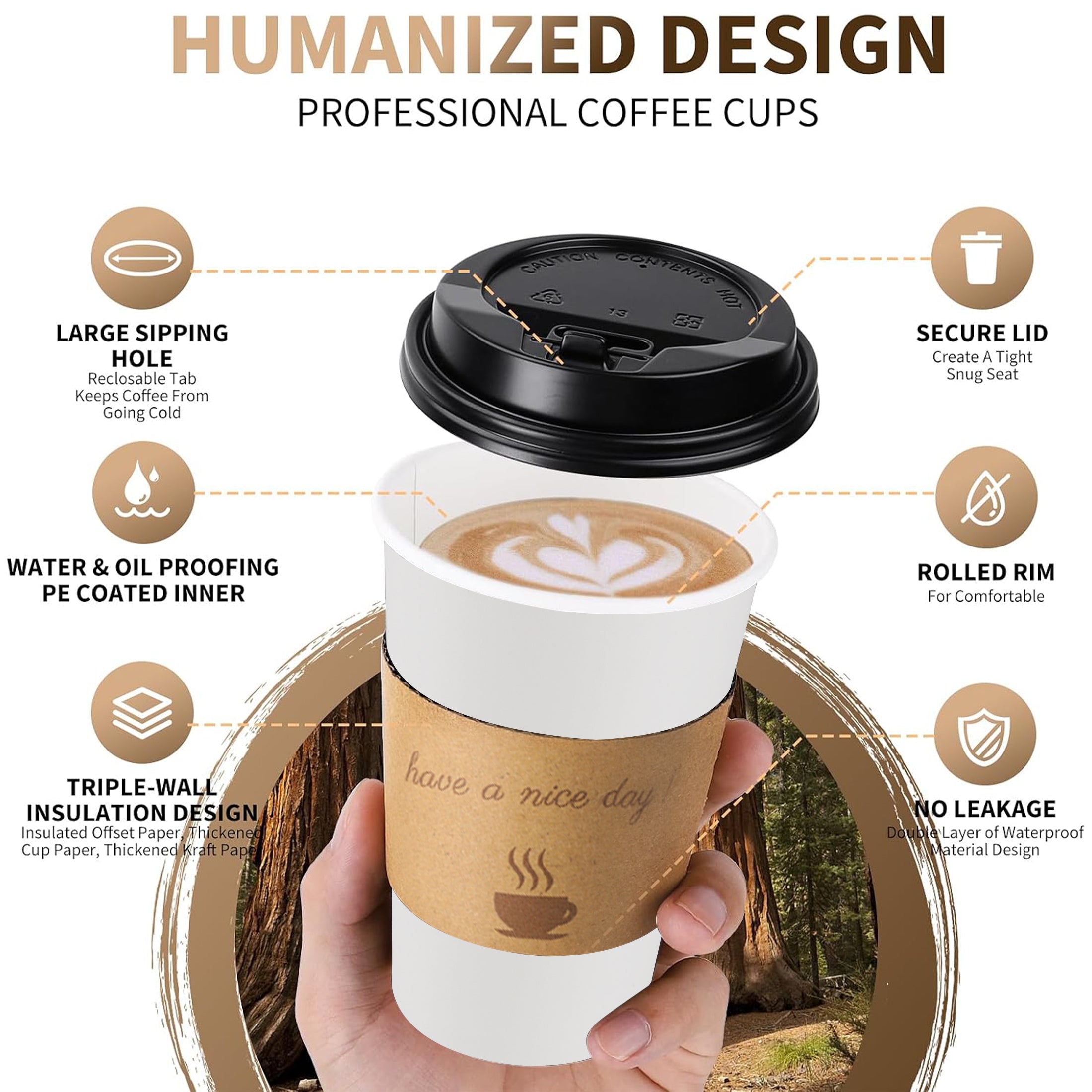 Lamosi 12/16oz Disposable Coffee Cups with Lids and Sleeves, Leak-free Insulated to Go Paper Hot Cups, 100 Count