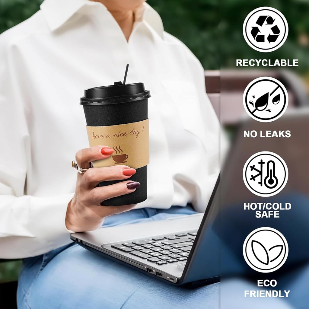 Lamosi Disposable Paper Cups with Lids 12/16 oz, To Go Hot Cups, Sleeve, Black 100 /500 Count Insulated