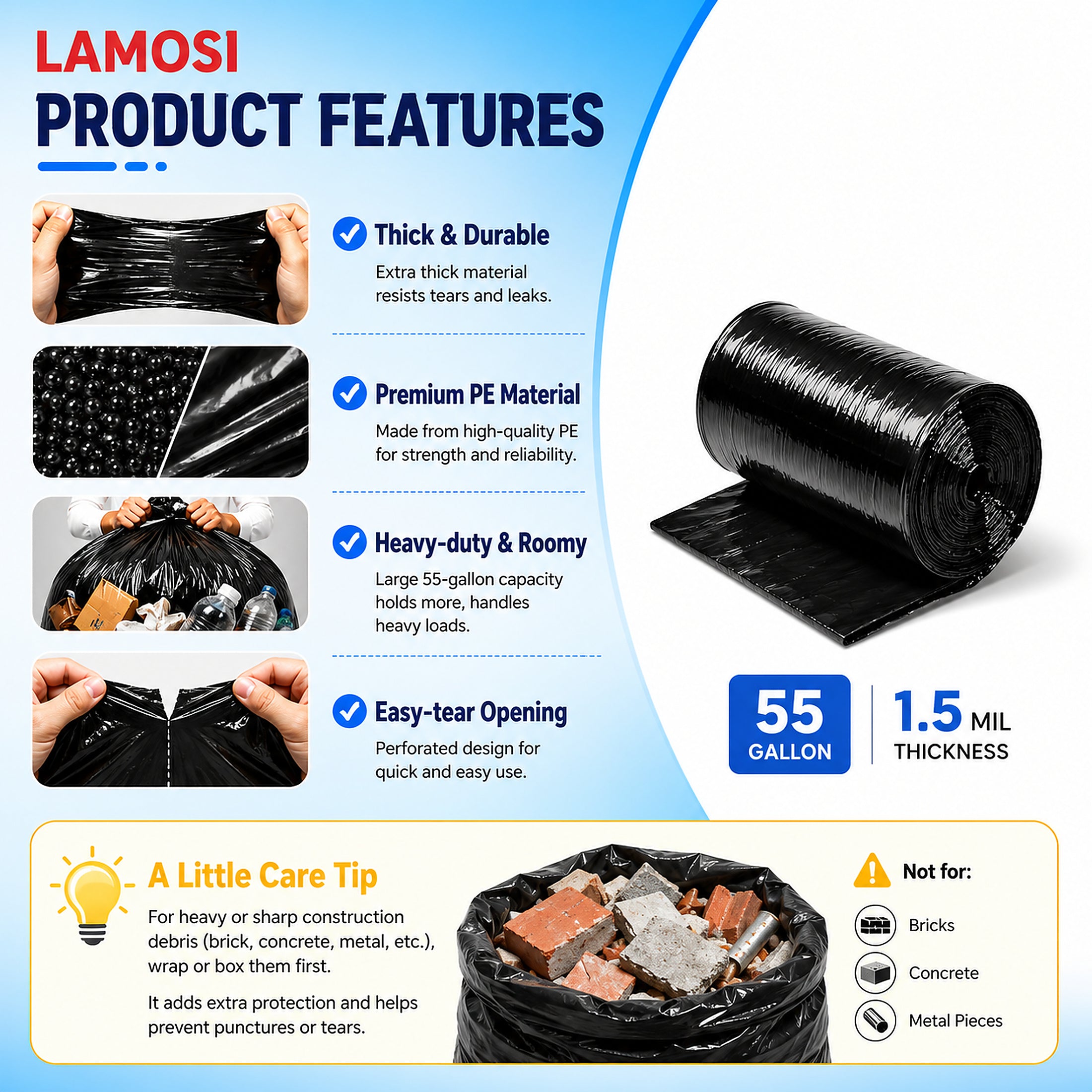 Lamosi 55 Gallon Trash Bags (50/100 Count), Black Outdoor Garbage Bags for Waste, Lawn and Leaf, 1.5 Mil