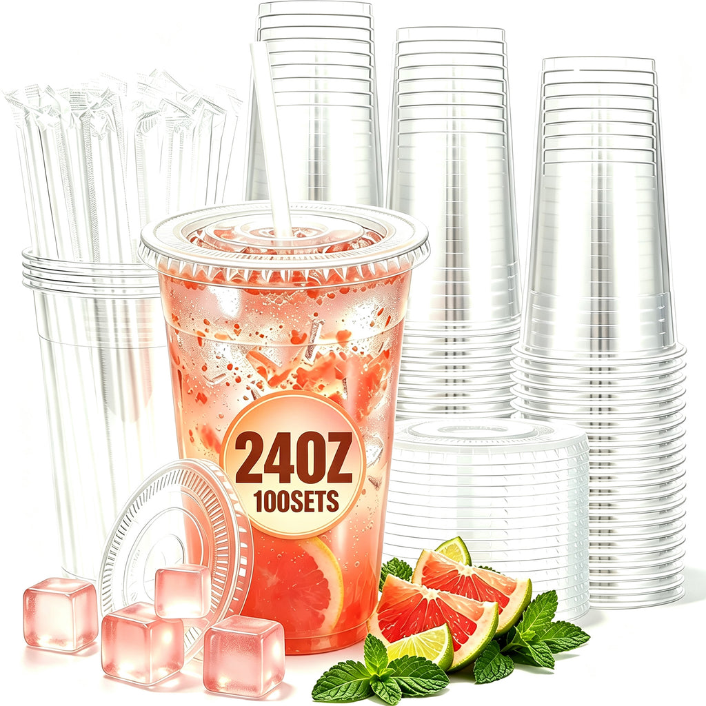 Lamosi 100 Pack 16 /20/24 oz Clear Plastic Cups with Lids and Straws, Disposable Plastic Coffee Cups with Lids for Iced Coffee, PET Food-Grade Material