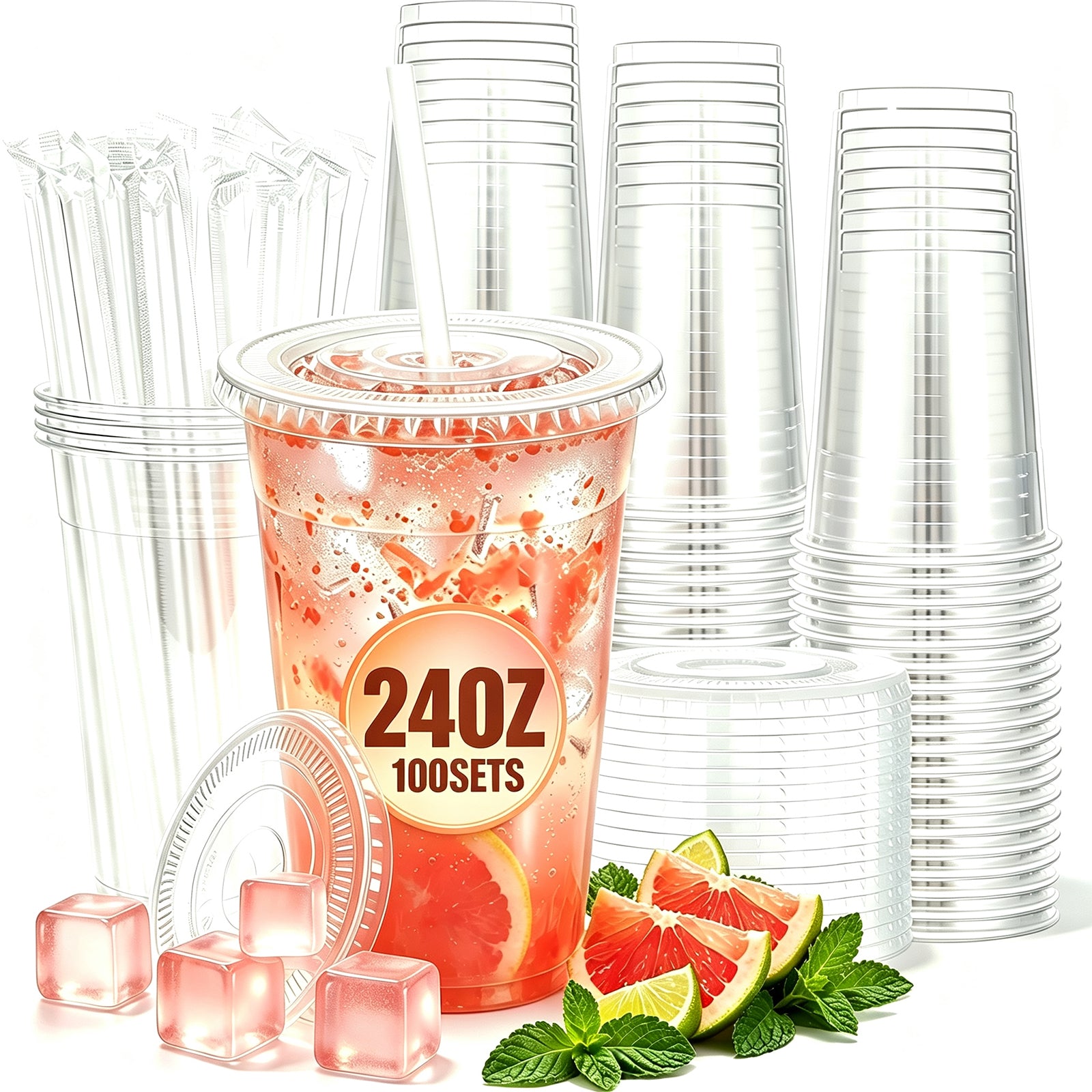 Lamosi 100 Pack 16 /20/24 oz Clear Plastic Cups with Lids and Straws, Disposable Plastic Coffee Cups with Lids for Iced Coffee, PET Food-Grade Material