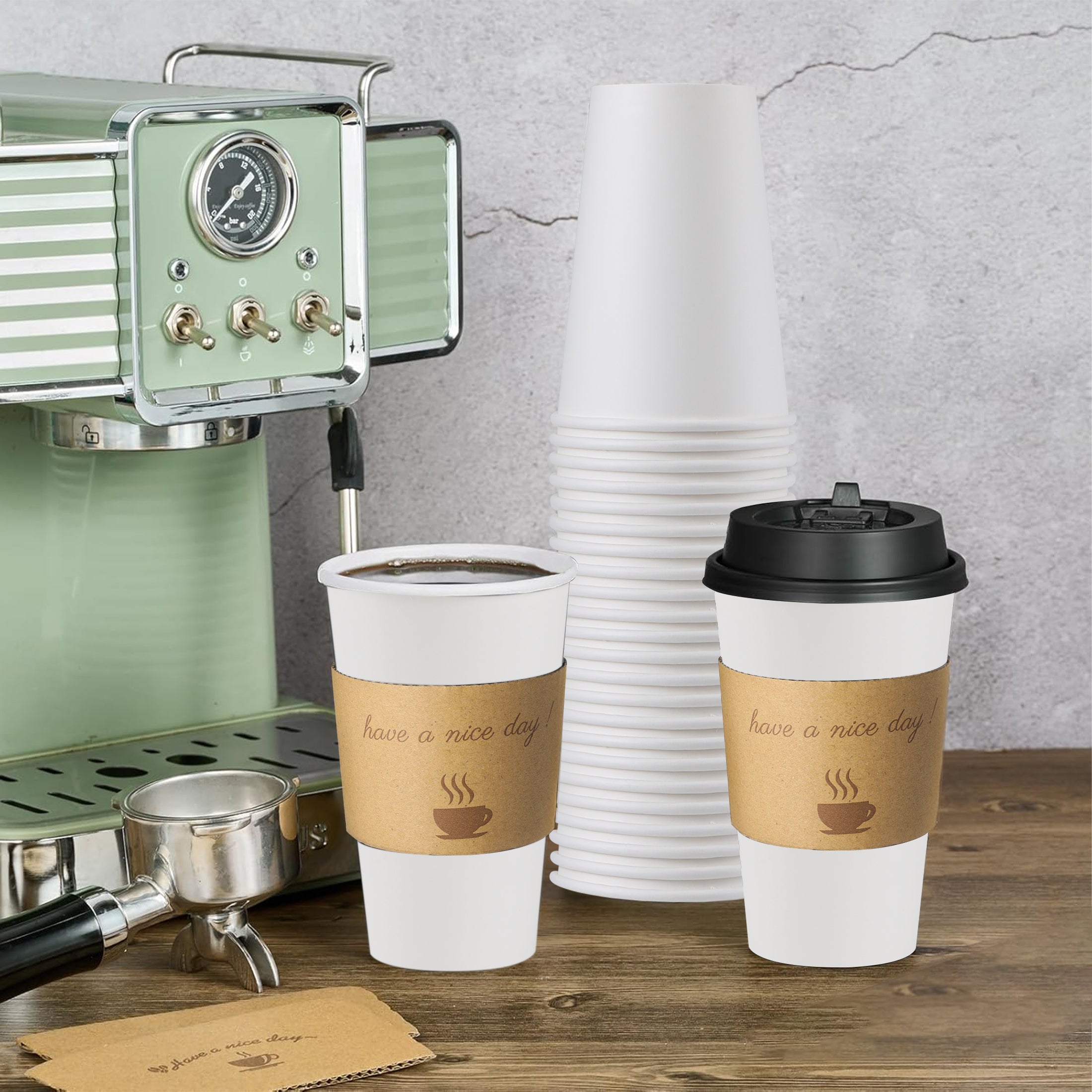 Lamosi 12/16oz Disposable Coffee Cups with Lids and Sleeves, Leak-free Insulated to Go Paper Hot Cups, 100 Count