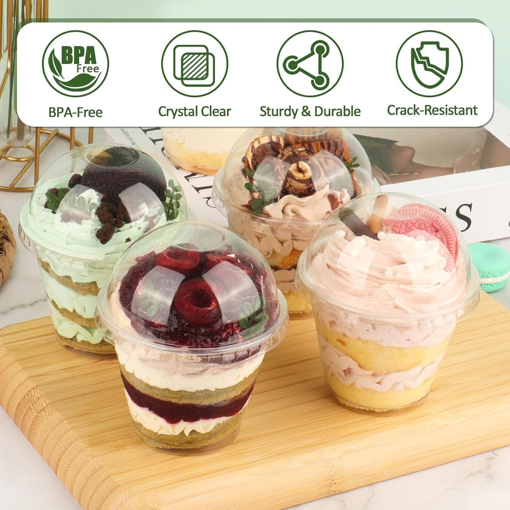 Lamosi 50/200 Pack 9oz Clear Plastic Cups with Dome Lids, Disposable Dessert Cups with Lids, Dessert Cups for Pudding