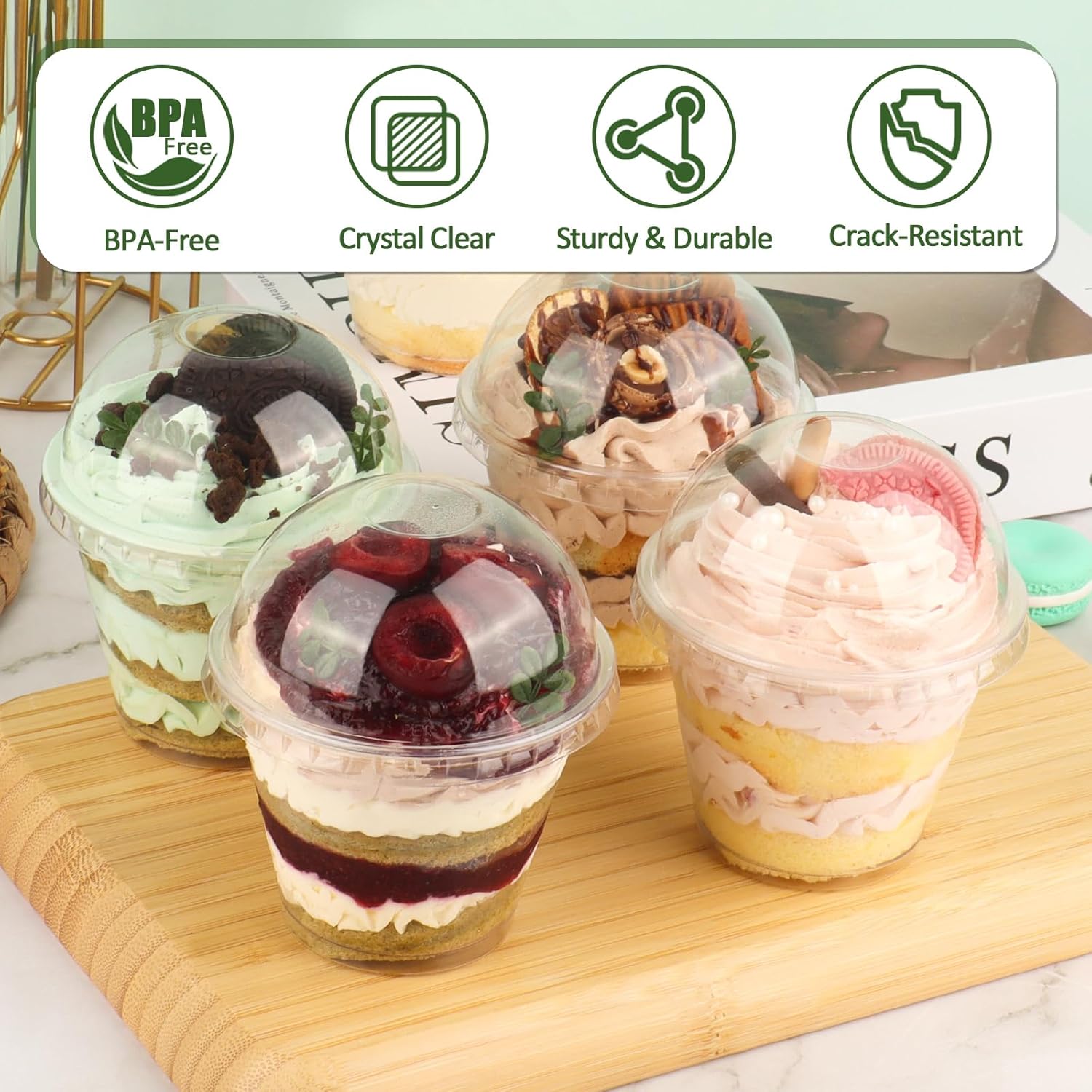 Lamosi 50/200 Pack 9oz Clear Plastic Cups with Dome Lids, Disposable Dessert Cups with Lids, Dessert Cups for Pudding