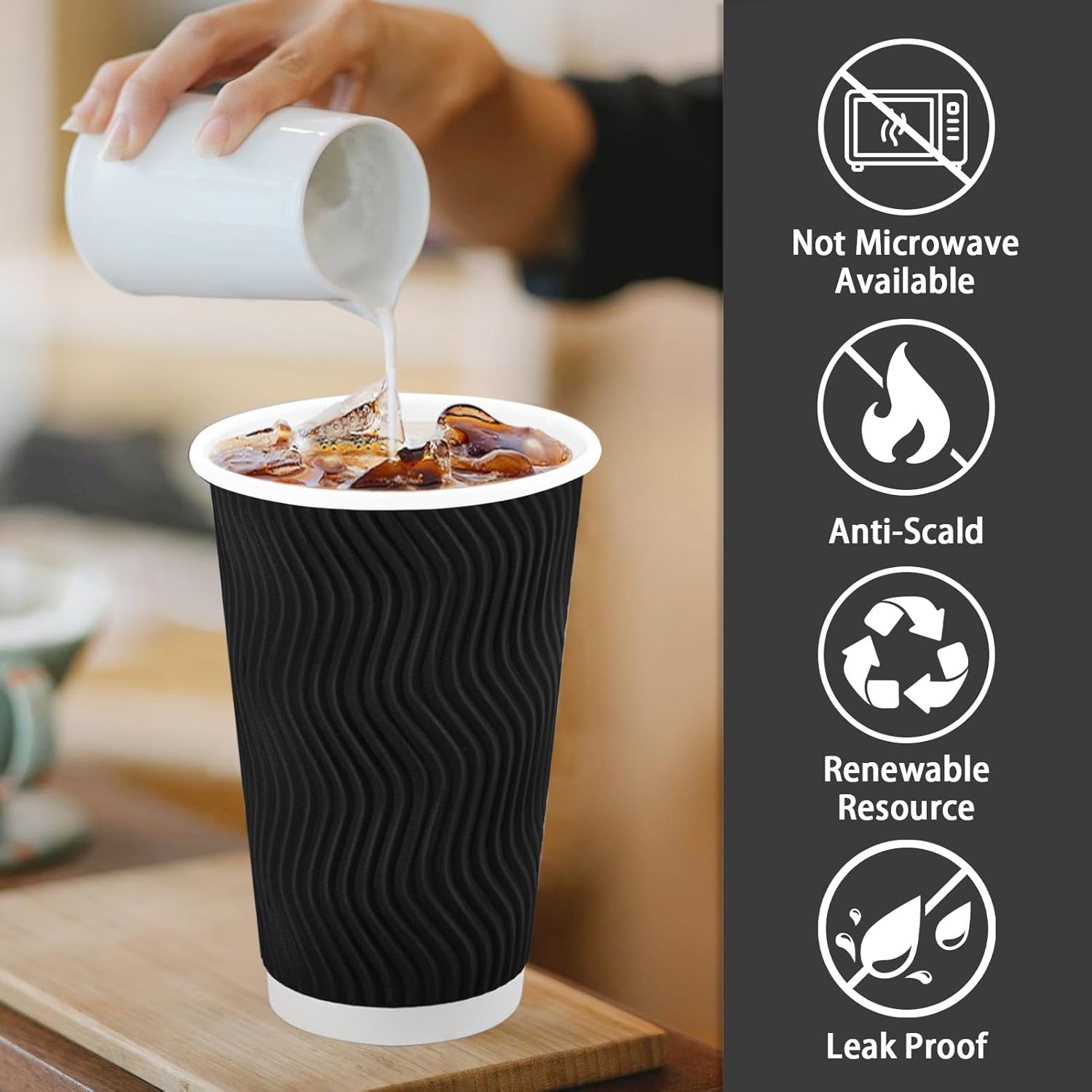 Lamosi Disposable Paper Cups with Lids 16 oz,Insulated to Go Cup,Ripple Double Wall,Brown 100 Count