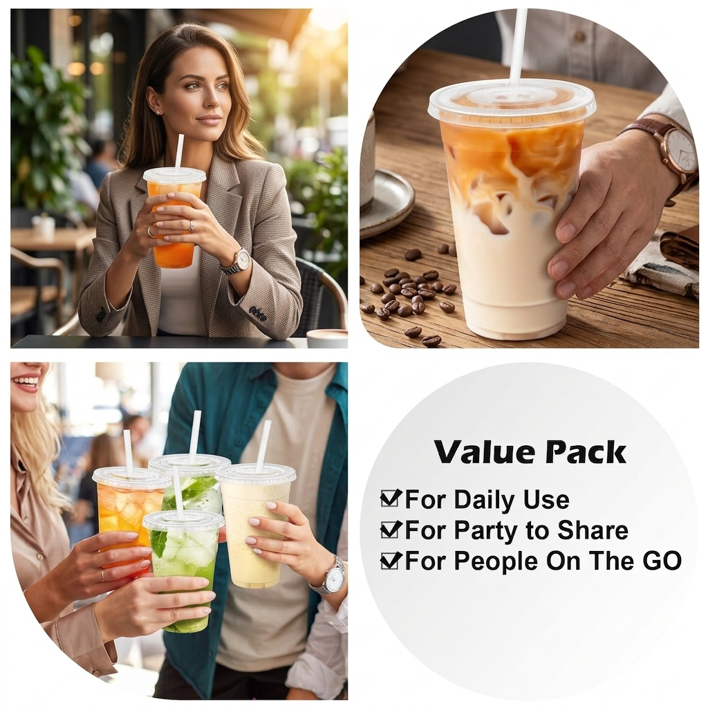 Lamosi 100 Pack 16 /20/24 oz Clear Plastic Cups with Lids and Straws, Disposable Plastic Coffee Cups with Lids for Iced Coffee, PET Food-Grade Material
