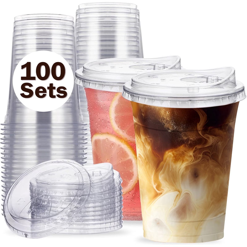 Lamosi 16/20/24oz Plastic Cups with Lids Disposable Clear Smooth Cups, 100 Count