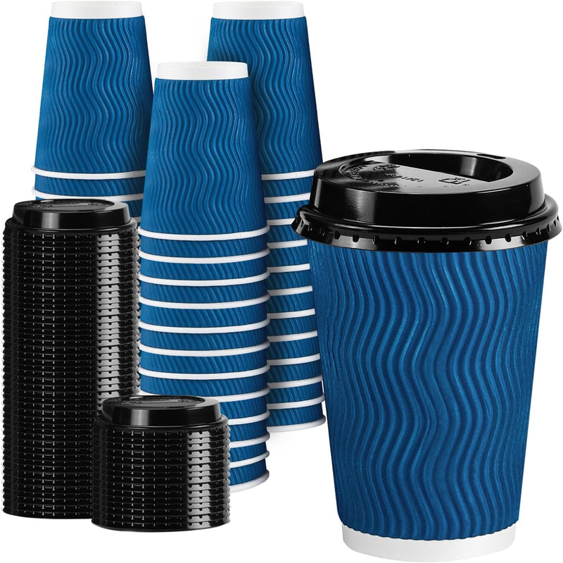 Lamosi 12 oz Paper Cups with Lids,Disposable Insulated to Go Cups,Ripple Double Wall,Grey 100 Count