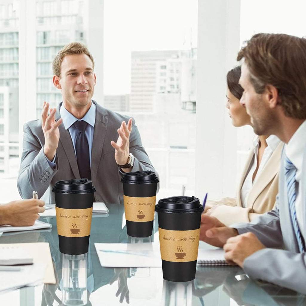 Lamosi Disposable Paper Cups with Lids 12/16 oz, To Go Hot Cups, Sleeve, Black 100 /500 Count Insulated