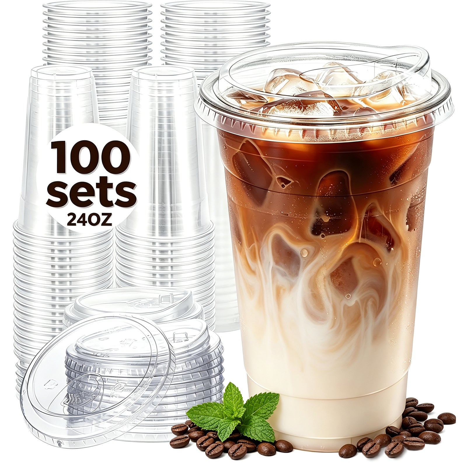 Lamosi 100 Pack 16 /20/24 oz Clear Plastic Cups with Lids and Straws, Disposable Plastic Coffee Cups with Lids for Iced Coffee, PET Food-Grade Material